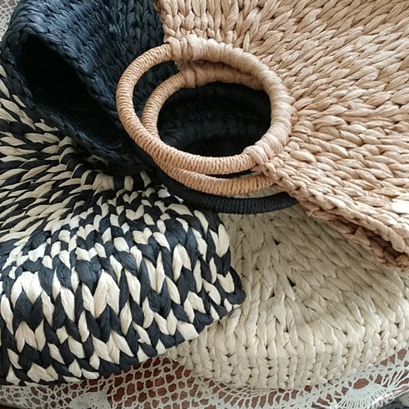 SALE Half Semi Circle Straw Ratan Woven Structured Tote Bag Black Cream Boho - Picture 10 of 10